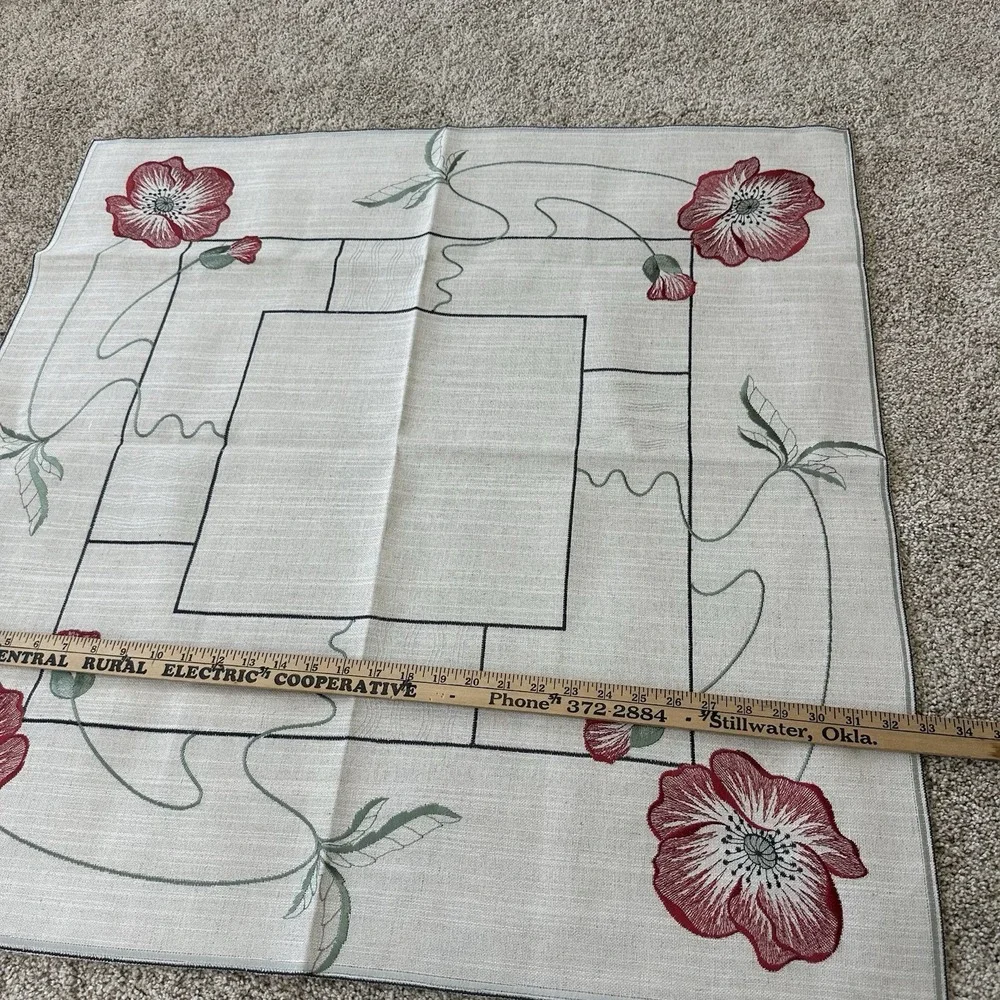 Lot Of 2 Vintage Cutwork Embroidered Floral Poppies Tablecloth Square Satin 33